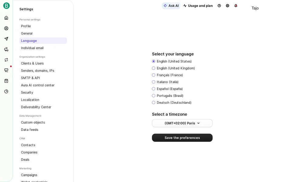 Settings Localization Brevo interface screenshot