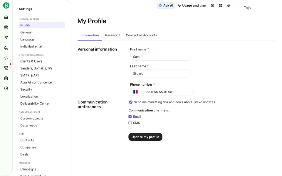 Settings Profile Brevo interface screenshot