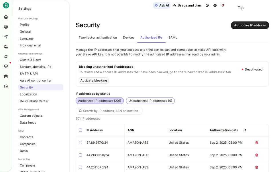 Settings Security Ips Brevo interface screenshot