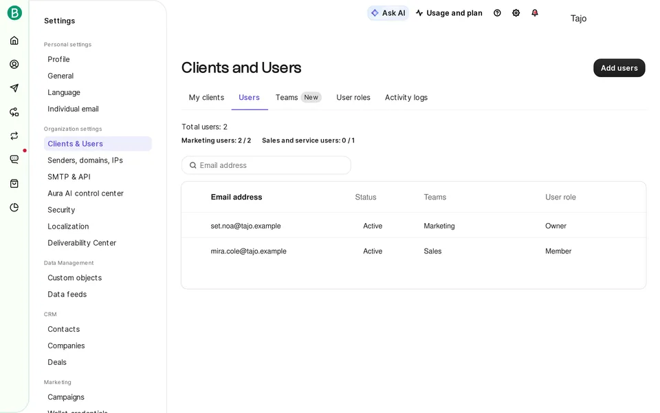 Settings Users Brevo interface screenshot