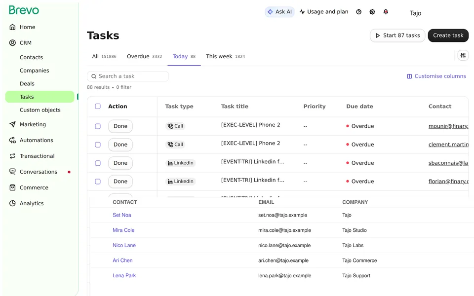 Tasks Date Today Brevo interface screenshot