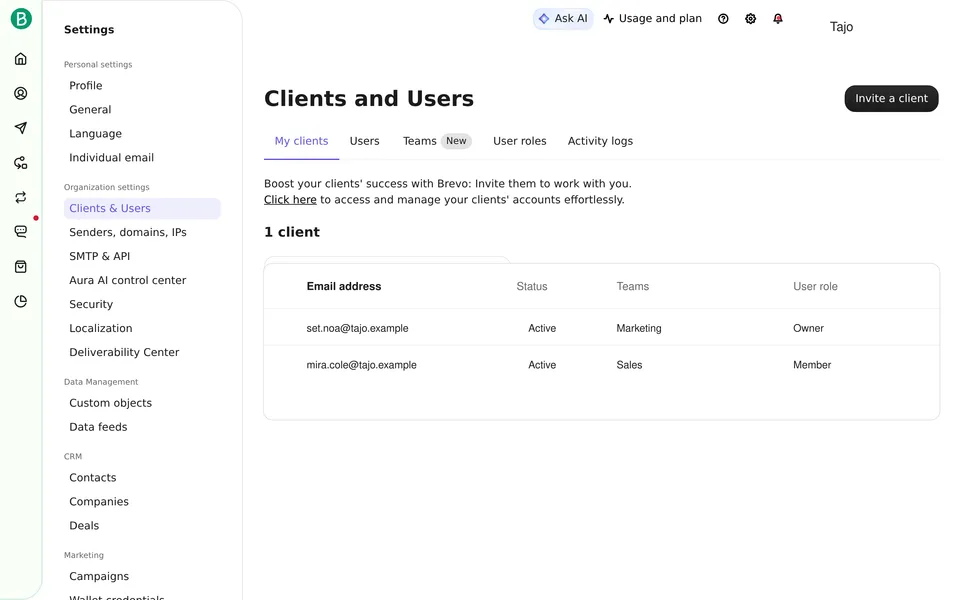 User Client Brevo interface screenshot