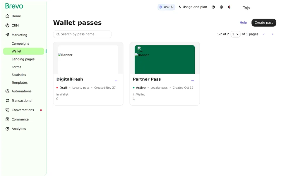 Wallet Passes Brevo interface screenshot