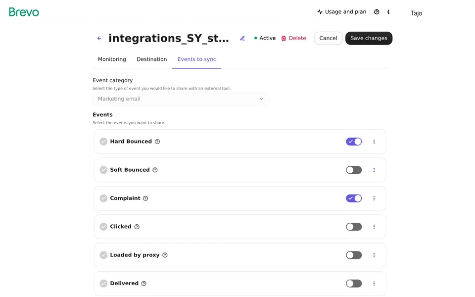 Webhooks Outbound Update Brevo interface screenshot